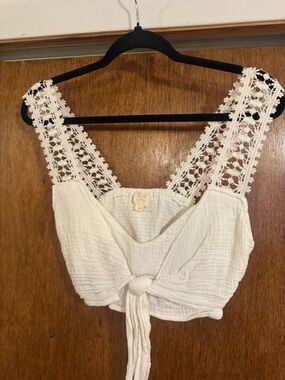 Surf Gypsy Cream Crochet-Trim Tie-Front Crop Top